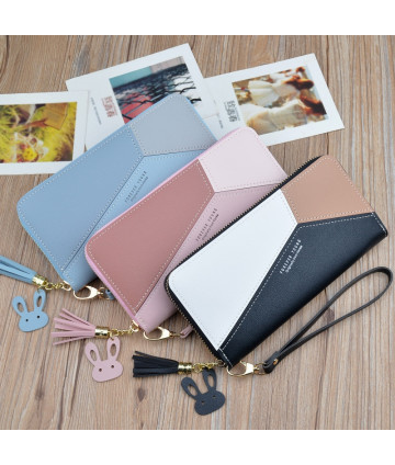 Geometric Patchwork PU Leather Women Long Zipper Wrist Purses Tassel Design Clutch Forever Young Wallet Female Card Holder