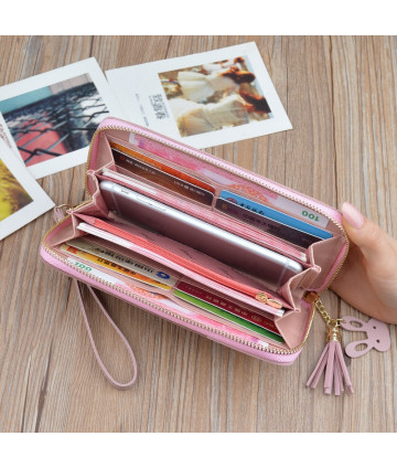 Geometric Patchwork PU Leather Women Long Zipper Wrist Purses Tassel Design Clutch Forever Young Wallet Female Card Holder